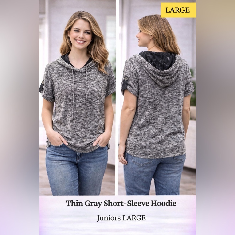 Thin Gray Short Sleeve Hoodie juniors LARGE